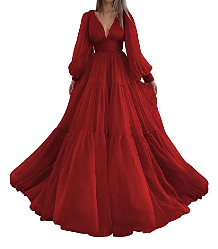 Long Sleeve Tulle Prom Dress - V-Neck Puffy Sleeve Formal Evening Gown Maxi Wedding Dress For Women, Red