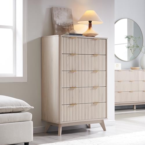 Image of T4TREAM Fluted 5 Drawers Dresser, 48 inch Tall Modern Chest of Drawers, Curved Profile Design, Wood Drawer Organizer for Bedroom, Living Room, Hallway, Entryway, White Alder