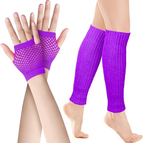 SATINIOR Set de Jambières Néon Gants en Résille des Années 80 Jambières Côtelées Gants Courts en Résille (Violet)