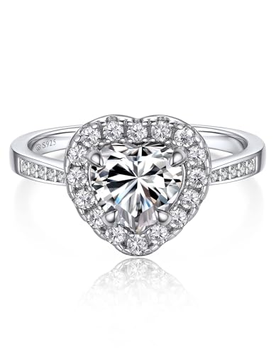 MomentWish Herzförmiger Ring für Frauen, 1Karat Moissanite Ringe Frauen, Ring Silber 926 damen, Hochzeit Valentine Geburtstag Geschenk-Größe49