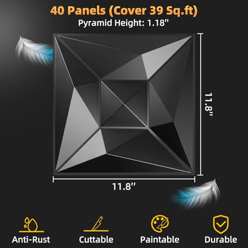 40 PCS 3D Wall Panels for Interior Wall Décor Black 11.8"*11.8" Covering Panels, PVC Textured 3D Wall Tile for Living Room, Bedroom DIY Interior Décor - Image 4