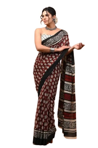 Women's Ajrakh Bagru Print Saree, Black and Maroon, Traditional Block Print Style-picture-23