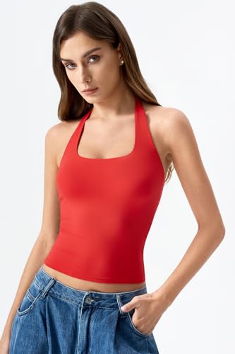 Image of QINSEN Womens Halter Top Double Lined Tank Top Sleeveless Open Back Slim fit Going Out Tops