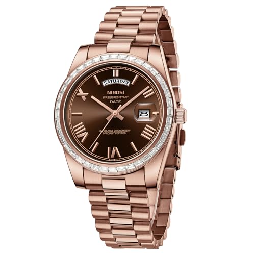 Image of NIBOSI Watches for Men Analog Quartz Diamond Bezel Stainless Steel Dial Rose Gold Silver Mens Watch Waterproof Business Classic Dress Wrist Watch with Day Date