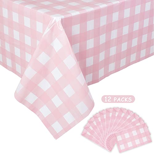 Image of Kesfey 12 Packs Pink Gingham Tablecloth 54 x 108 Inches Pink and White Checkered Table Cloths Party Picnic Disposable Table Covers Splashproof Plastic Checkered Gingham Tablecover for Dinners Party