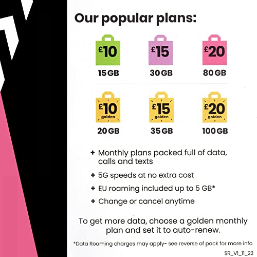 GiffGaff United Kingdom PAYG SIM Card for Visiting UK & Europe w/ 5￡Bonus, Activate While in U.S., 12￡ for Unlimited SMS/Calls and 12GB Data [for Unlocked Phones]