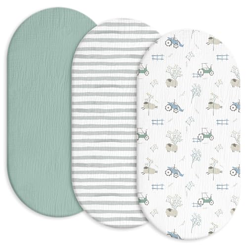 Image of Gllquen Baby Muslin Bassinet Sheets 3 Pack, Breathable Elastic Cozy Fitted Cotton Bassinet Mattress Sheet for Baby Boy Girls, Fit for Hourglass Oval Rectangular Cradle Pad Sheets 33"x17" (Car)
