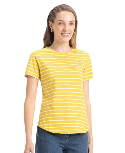 Image of Jockey A121 Women Super Combed Cotton Stripe Fabric Relaxed Fit Round Neck Half Sleeve T-Shirt with Curved Hem Styling