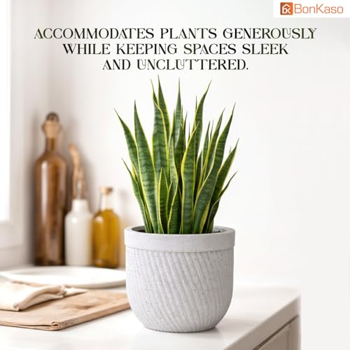 Image of Bonkaso 12 Inch Seltos Ribbed Planter for Indoor & Outdoor Use | Round Heavy Duty Polymer Flower Pot | Lightweight Weather Resistant Modern Gamla for Living Room Balcony & Terrace (White)
