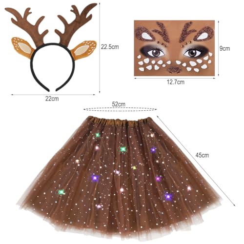 Rentier Kostüm Damen Cosplay Kostüm Set für Halloween Karneval Rentier Haarband LED Tüllrock Tattoo Aufkleber Gesicht Aufkleber Braun Tüllrock für Damen Tier Kostüm Erwachsene