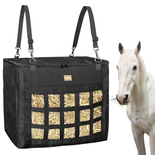 HAYSRMAN New Version Hay Bags for Horses/Goats, Slow Feeder Hay Bag with Super Tough Oxford Fabric and Heavy Duty Zipper,Front Hay Nets Design Reduces Hay Waste (Black)