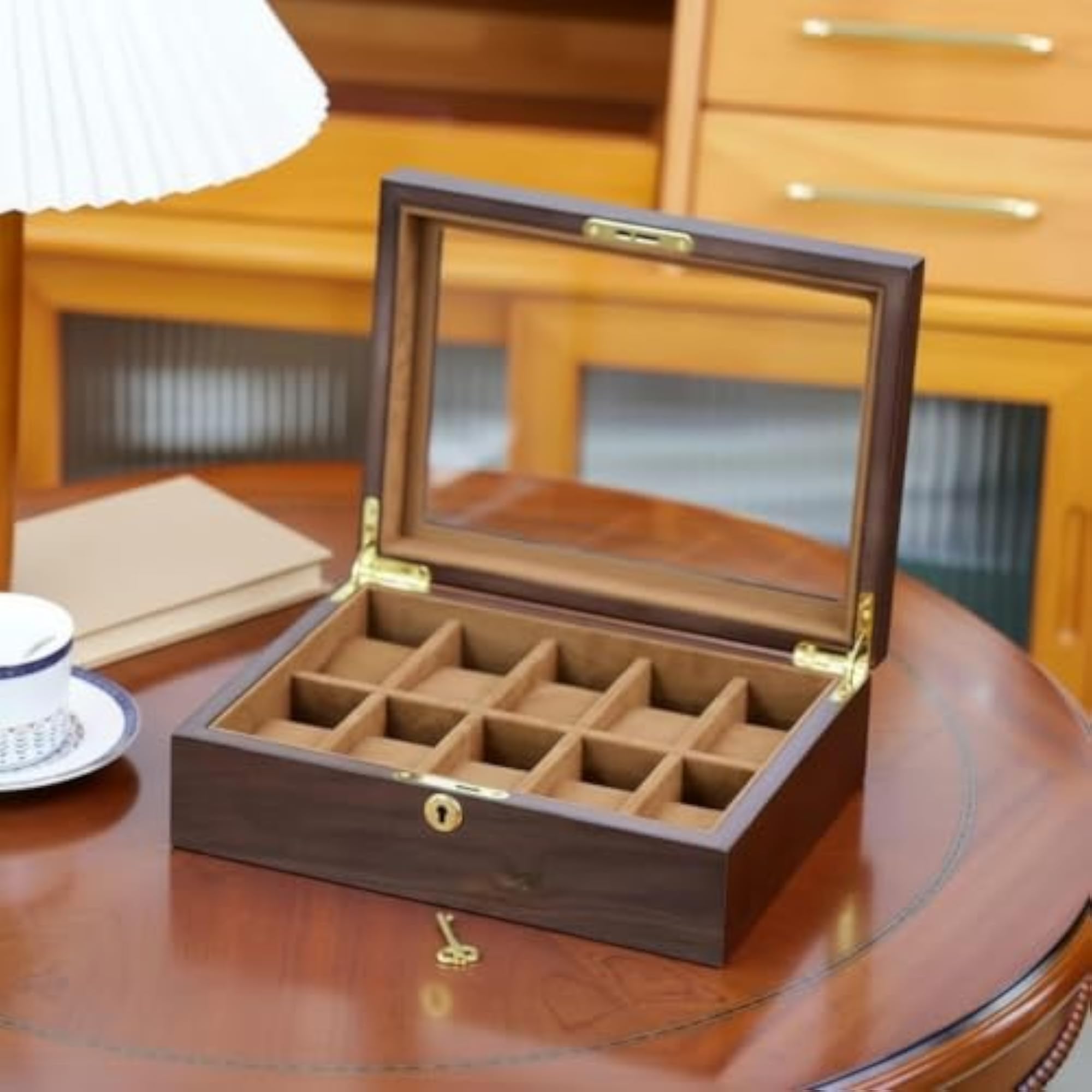 Clear Watch Display Case with Glass Lid, 10-Slot Teak Grain