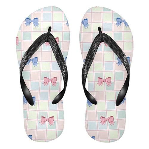 Burbuja Blue Pink Bows on Grid Flip Flops for Women Men, Soft Thong Sandals Rubber Slippers for Pool Beach Essentials