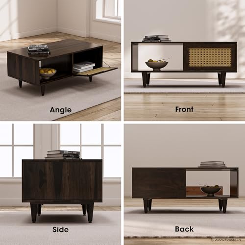 Image of Bhawo Solid Sheesham Wood Coffee Table & Center Table for Living Room with Rattan Cane Lift-Down Shutter & Open Shelf, Solid Wooden Teapoy for Sofa with Storage (Walnut Finish)