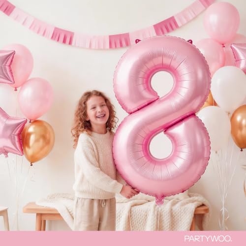 Image of PartyWoo Baby Pink Number 8 Balloon 40 Inch 25pcs Pink Foil Star White Gold