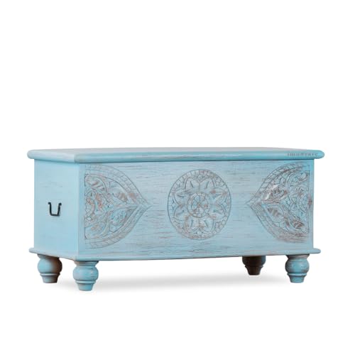 Image of Devin Wooden Trunk Box for Storage | Solid Wood Coffee Table for Living Room | Center Coffee Table with Storage | Front Wooden Carved Sandook Pitara for Home Decor (Light Blue Distress)