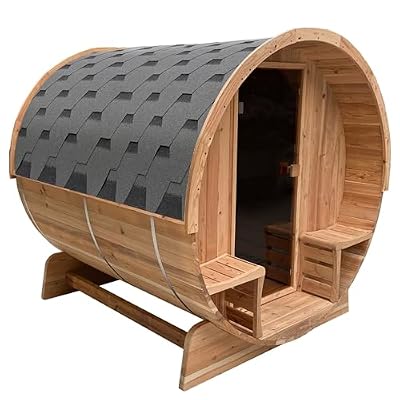 ALEKO Barrel Sauna | Personal Dry Wet Steam Sauna | Indoor Outdoor | Rustic Cedar Wood w/Front Porch Canopy | 3-4 Person Sauna | UL Certified 4.5 kW Harvia Heater
