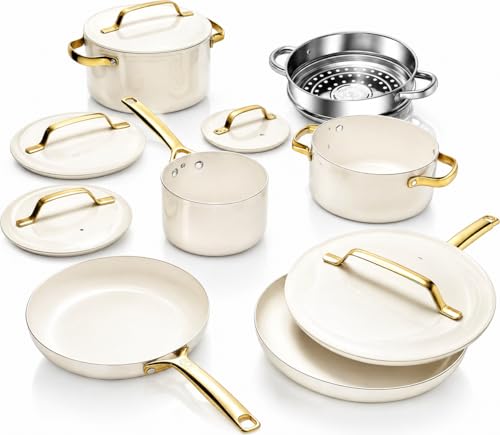 Gotham Steel Modern 11 Pc Ceramic Cookware Set Elegantly Designed Pots and Pans Set Non Stick with Steamer Induction Bottom Premium Stay Cool Handles Non Toxic PFOA Free Oven & Dishwasher Safe