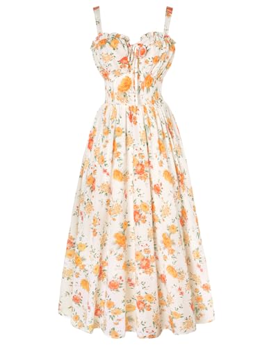 SCARLET DARKNESS Damenkleid Ärmellos Blumen Boho Kleid Lang Leicht Sommer Maxikleid für Abendgarderobe Hochzeitsgast Weiß-Orange XL