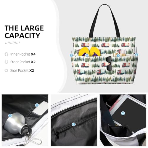 Large Beach Bags for Women Sandproof - Forest Truck Print Summer Travel Work Tote Bags with Zipper3