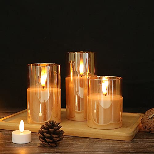 Image of GenSwin Glass Flameless Candles Battery Operated with Remote Timer, LED FLameless Flickering 3D Wick Pillar Candles Real Wax for Festival Wedding Christmas Home Party Decor(Gold, Pack of 3)