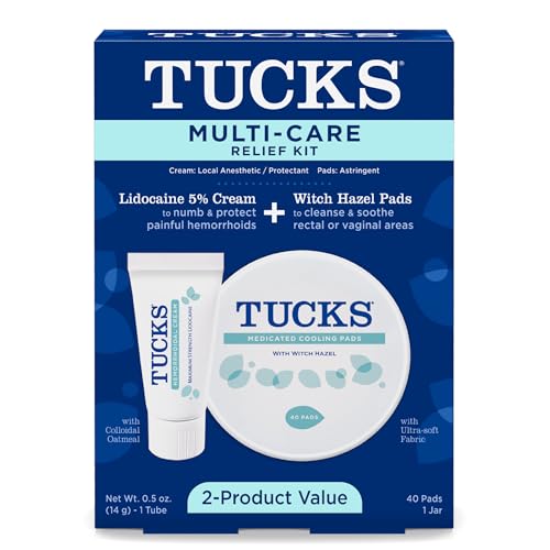 Image of Tucks Multi-Care Relief Kit – 40 Count Witch Hazel Pads & 0.5 oz. Lidocaine Cream - Protects from Irritation, Hemorrhoid Treatment Medicated Pads Used by Hospitals