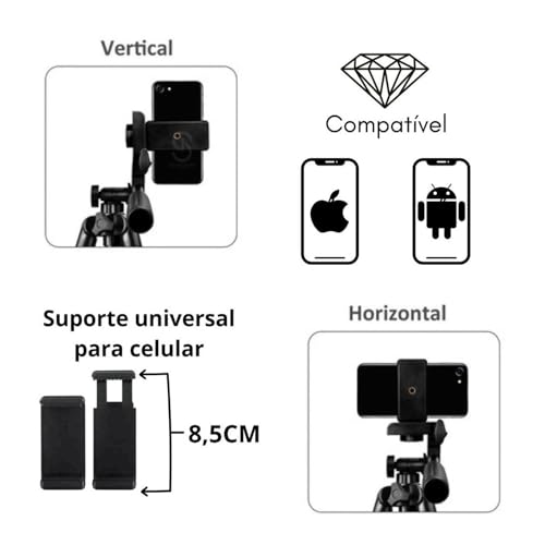 Tripé para Câmera e Celular com Nível Bolsa e Suporte de celular Kit Tripod com controle remoto sem
