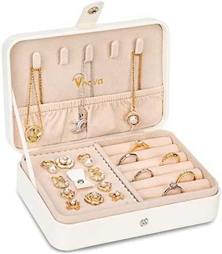 Voova Travel Jewellery Box Organiser for Women Girls, PU Leather Small Jewelry Storage Case with Smart Earrings Plate, Mini jewlerrying Display Holder for Earrings Rings Necklace Bracelets,White