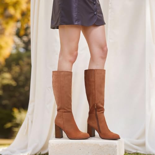 Erocalli Knee High Fall Faux Suede Tall Long Boots Wide Calf Chunky Block High Heel Fashion Boot Round Toe Side Zipper4