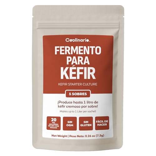 Coolinario Fermentos para Kéfir (5 Sobres de 1.5g) Cultivos de Kéfir Casero con Probióticos Vivos | Suave, Cremoso y Sabroso | Sin OGM, sin Conservantes, sin Gluten