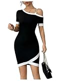 SOLY HUX Women's Cold Shoulder Short Sleeve Bodycon Dress Color Block Wrap Summer Dresses Black and White Medium