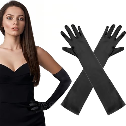 ZKGYUS Gants Longs Femme, 53cm, Noir, Satin, Élégants, One Size, Classique et formel, Pour Festival, Danse, Soirée