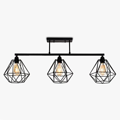 MiniSun Industrial Steampunk 3 Way Satin Black Pipework Bar Ceiling Light with Black Basket Cage Shades - Complete with 4w LED Filament Bulbs [2700K Warm White]