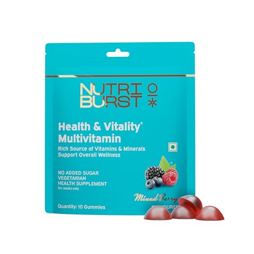 Image of Nutriburst Health & Vitality Gummies with Multi Vitamins A, B, C, D, E & Biotin | No-Added Sugar| Mixed Berry Flavor | 100% Vegetarian | 10 Gummies