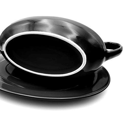 Gravy Boat with Ceramic Tray, 1 PC 8 oz Easy Pour Black Gravy Boat with Saucer Stand for Salad Dressings, Milk,Broth, Creamer and More/ Microwave & Dishwasher Safe (Black)