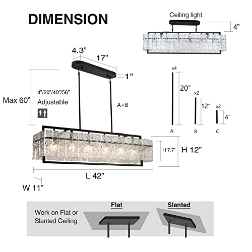 IKK Modern Rectangle Black Crystal Chandeliers for Dining Room, 42" Large Rectangular Water Ripple Glass Island Light Fixture, Linear Farmhouse Lighting for Kitchen Island, Living Room, L42xW11xH12