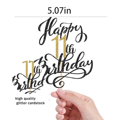 1 Pack Happy 11th Birthday Cake Topper Glitter Black Gold Birthday Cake Decoration 11 Fabulous Cake