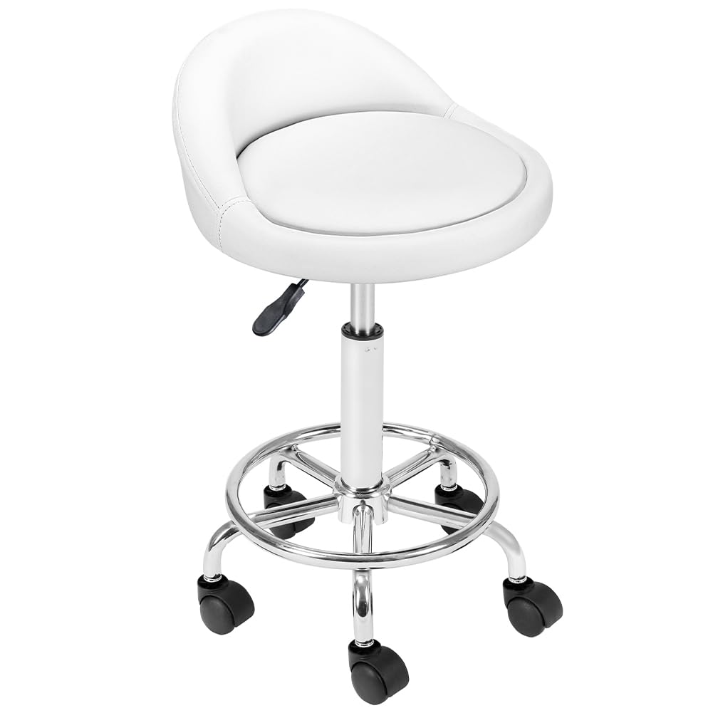 BAKAJI Taburete con Ruedas, Asiento Acolchado y Respaldo bajo de Piel sintética, Base con reposapiés de Acero Giratorio 360°, Altura Ajustable, Ideal para Esteticista, Cocina, restaurantes, (Blanco)