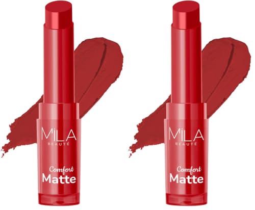 Image of Mila Beaute Comfort Matt Lipstick | Highly Pigmented & Long lasting | Hydrating Matte Finish | Light Weight | Single Swipe Application | Luxurious Lip Color -MOSTLY RED (Pack of 2)