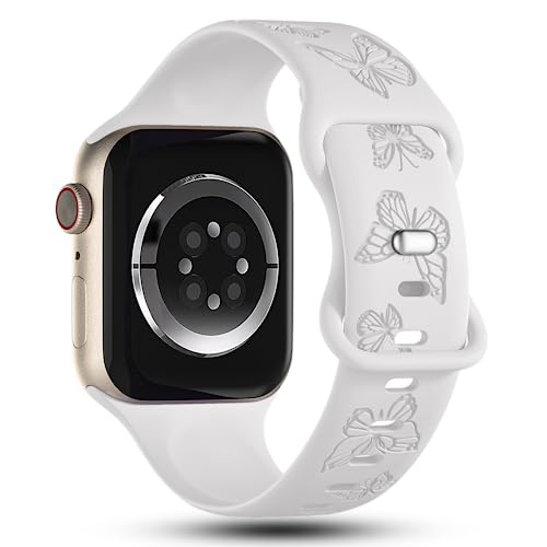 Image of Butterfly Engraved Bands Compatible with Apple Watch Band 41mm 40mm 38mm 49mm 46mm 49mm 46mm 45mm 44mm 42mm Women, Silicone Sport Strap for iWatch Series SE 10 9 8 7 6 5 4 3 2 1 SE Ultra