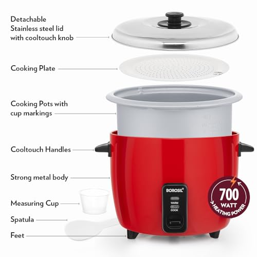 Image of Borosil 1.8L Pronto Dual Electric Rice Cooker | Keep Warm Feature with Indicator Display, Anti Skid Rubber Feet | Cook & Boil Noodles, Rice, Upma, Idli, Dhokla | 2 Years Warranty