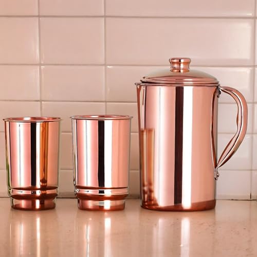 Jarra de Agua de Cobre Puro Con Juego de 2 Vasos (50.7 Onzas Líquidas de EE. UU.) - Retiene el Agua y Aprovecha los Beneficios Para la Salud - Premium