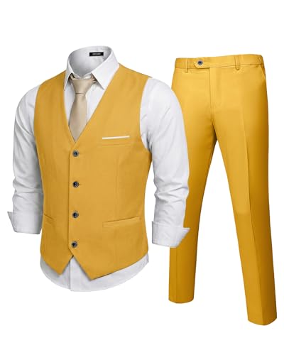 MrSure Mens 2-Piece Suit Vest Pants Set for Men Casual Waistcoat with Tie for Prom Wedding Homecoming Yellow
