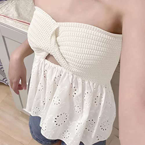Missactiver Women Twist Knot Knit Bandeau Tube Top Embroidery Strapless Off Shoulder Backless Hollow Crop Tank Corset Top(Small,White) #TOP4