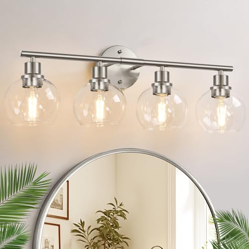 Image of Indoi 4-Light Bathroom Light Fixtures, Brushed Nickel Modern Vanity Lights Over Mirror with Clear Glass Globe Shade, Bathroom Wall Sconces for Mirror Kitchen Living Room Hallway Cabinet Bedroom Porch