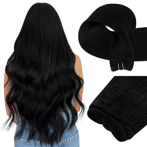 Easyouth Hair Extensions Sew in Black Straight Sew in Hair Extensions Jet Black Soft and Smooth Weft Hair Extension Real Human Hair with Natural Looking 18 Inch 100G