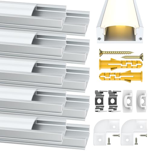 Angdarun Profilé Aluminium LED, Aluminium Profilé LED, 10 x 1m Forme en U, Profile Alu pour Ruban LED, Profilé LED et Diffuseur LED avec Connecteur d'angle, Embouts et Clips de montage(1-12 mm)
