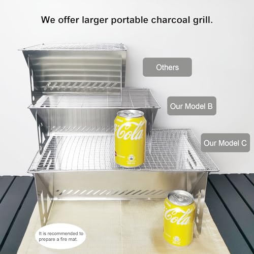PHOJEWI Tragbarer Mini-Holzkohlegrill, Kleiner Grill, Tisch-Feuerstelle für Camping, Terrasse, Outdoor-Grill, Edelstahl, Campinggrill, Klappgrill, Rucksackreisen