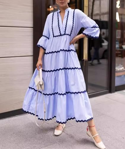 Robe longue d'été rayée style bohème chic à manches 3/4 - 3