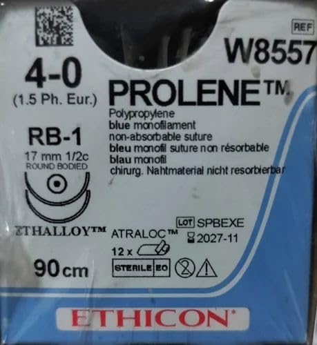 Ethicon W8557 Prolene Sutures USP 4-0, 1/2 Circle Round Body RB-1 Double Needle | Blue Monofilament | POLYPROPYLENE | Non Absorbable | 17 mm and 90 cm Suture Length | 12pcs/Box